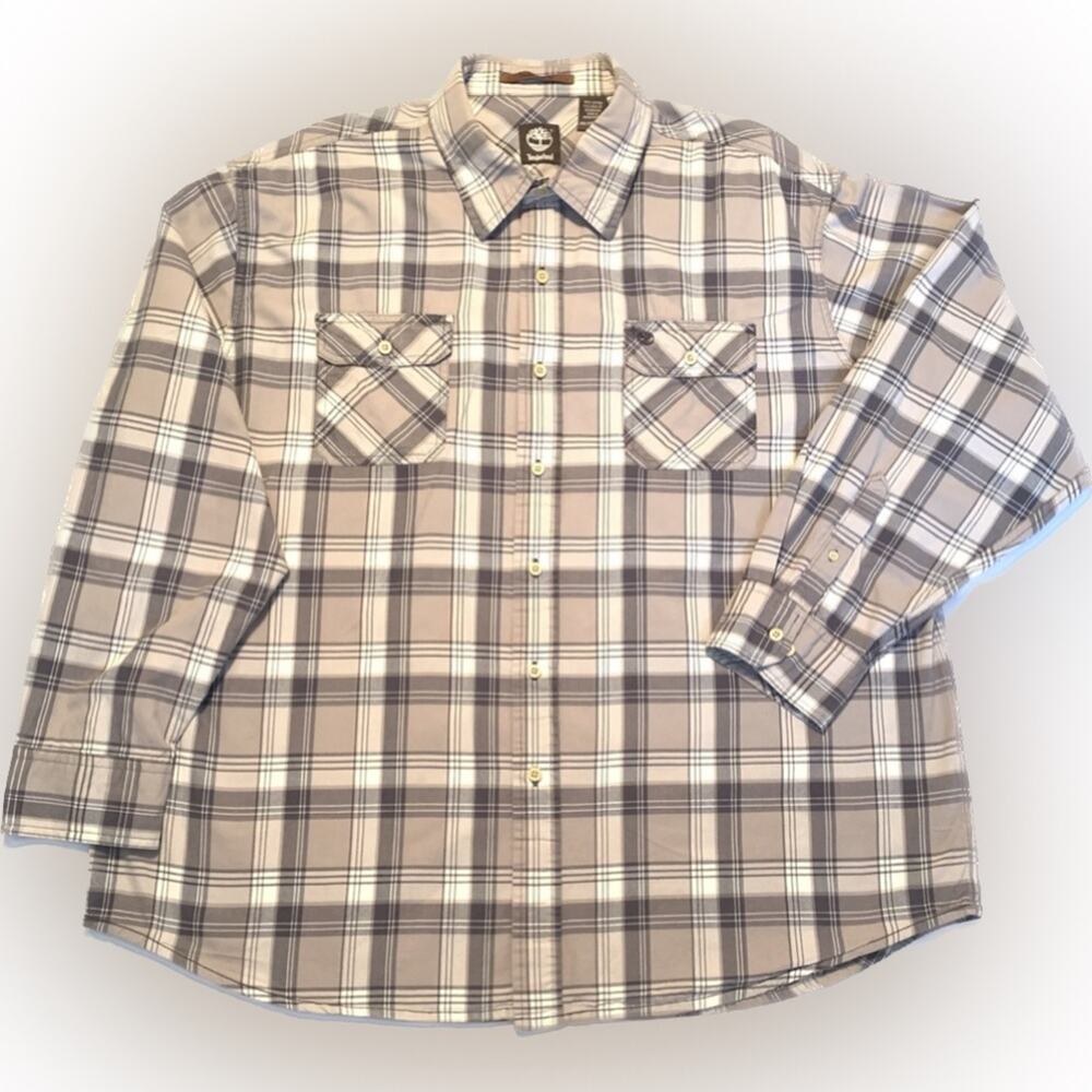 TIMBERLAND Mens Shirt 2XL Brown Tan Plaid 100% Cotton Long Button Front Outdoor